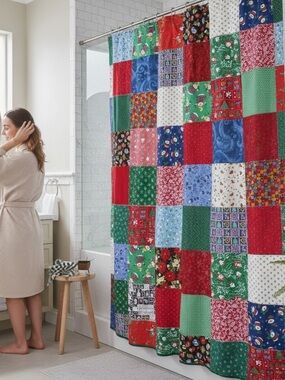 Vtg Handmade Christmas Patchwork Cotton Shower Curtain 70” X 72” Table Cloth Red